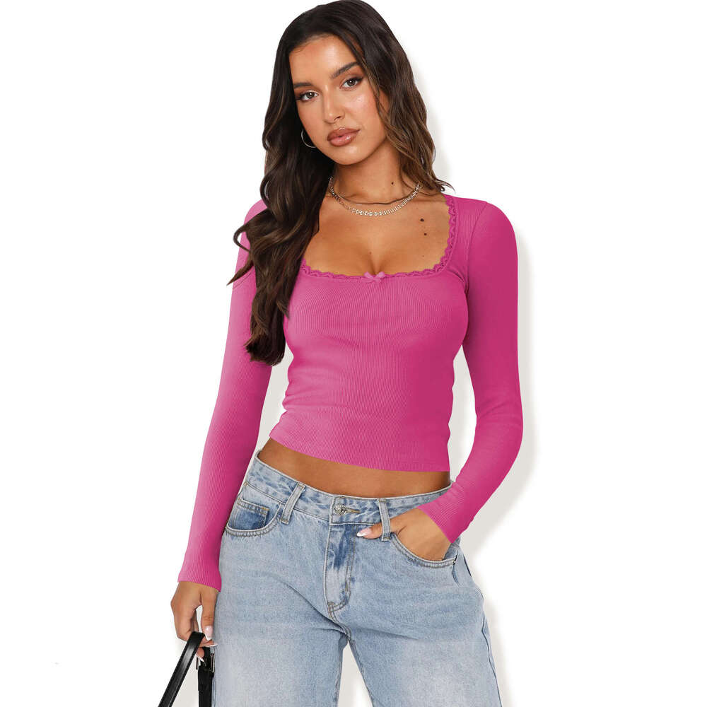New Long Sleeved T-Shirt For Women's Fashion Trend, Slimming And Slimming, Lace Patchwork Spicy Girl Top, U-Neck Base Shirt, Fashionable Quality,