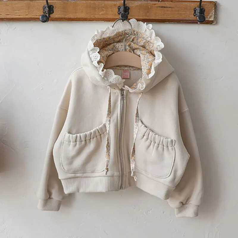 MILANCEL Spring Autumn Childrens Jacket 2-8 Y Girls Cute Hoodie Coat Kids Lace Floral Hooded Outwear Girls Zipper SweatshirtXJ241214