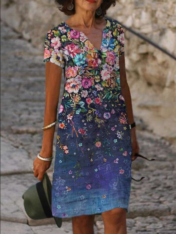 European and American Women's Spring/Summer Style Positioning Printed V-neck Short sleeved Dress 2024 New Casual Versatile Fashion Clothing