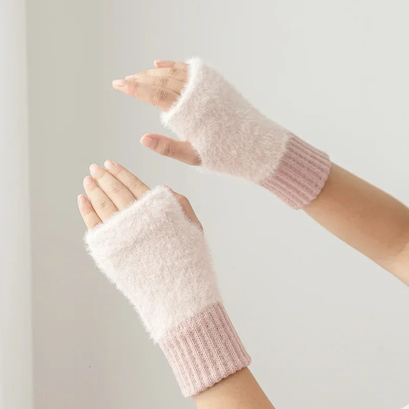 Mink wool soft winter half finger gloves for women warm and ious pure white plush knitted fingerless 241212
