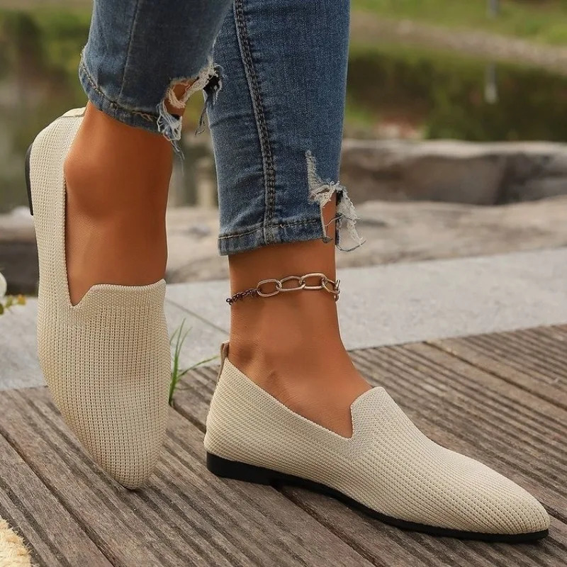 Women Solid Color Pointed Head Mesh Loafers Shallow Woman Flats Soft Bottom Knit Ballet Flat Shoes Casual Slip on Boat Shoes 241213