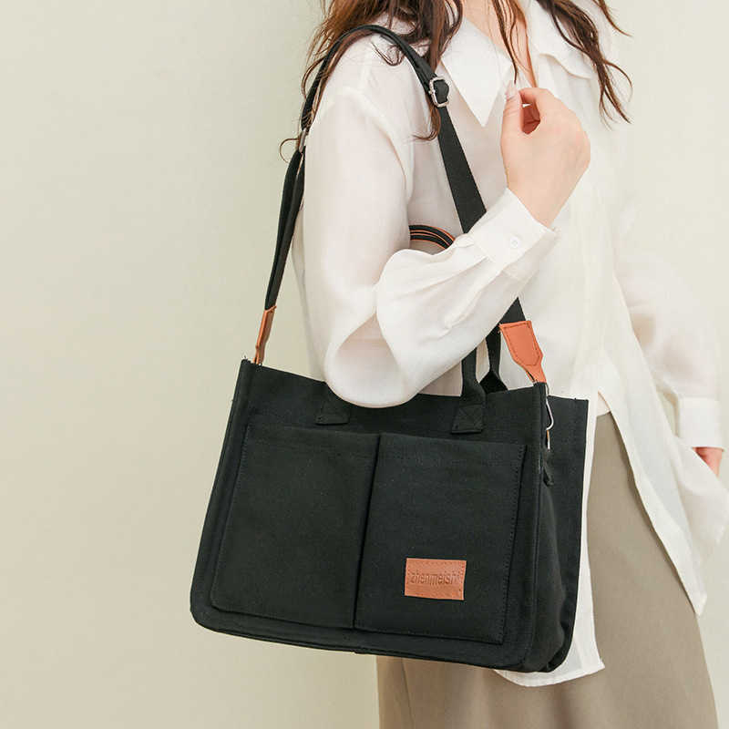 Canvas hand-held briefcase, women's business commuting bag, shoulder crossbody tote bag, solid color student backpack 241215