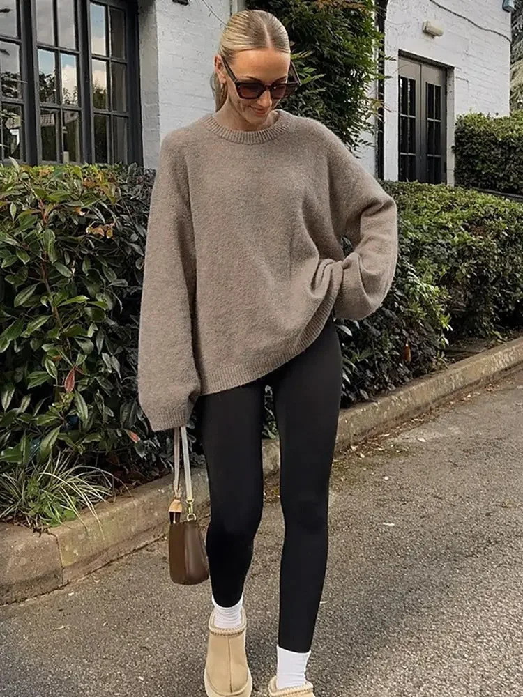 Casual Brown Oneck Knitted Cashmere Floral Womens Fashion Full Sleeve Loose Jumper 2024 Autumn Street Coat 241211