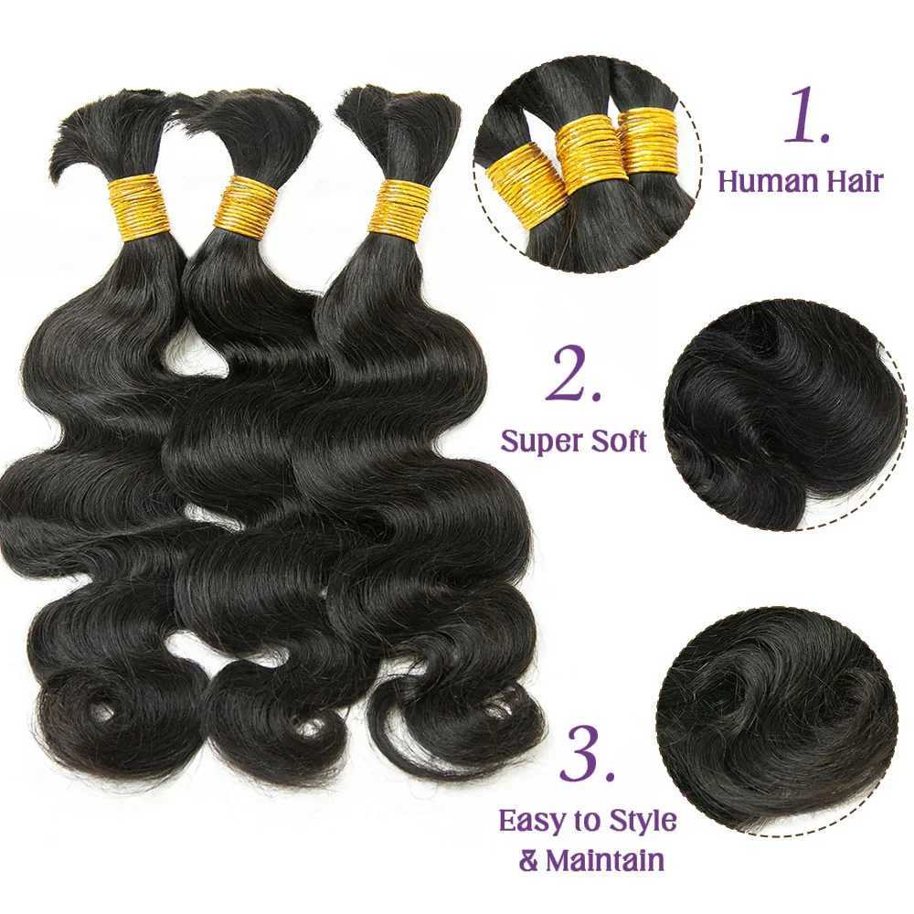 Body Wave No Weft Braids Human Hair Extensions Bulk Human Hair Bundles 16-26 Natural Black Virgin Hair Bulk For BraidingXJ241216
