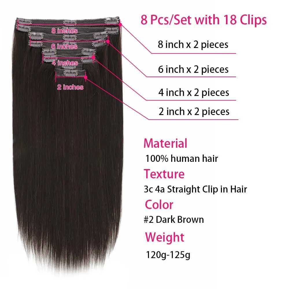 Straight Clip In Human Hair Extensions 8 Pcs/Set #2 Dark Brown Clip Ins Remy Hair Extensions 8-26 Inches 120Gram Soft Feel HairXJ241216