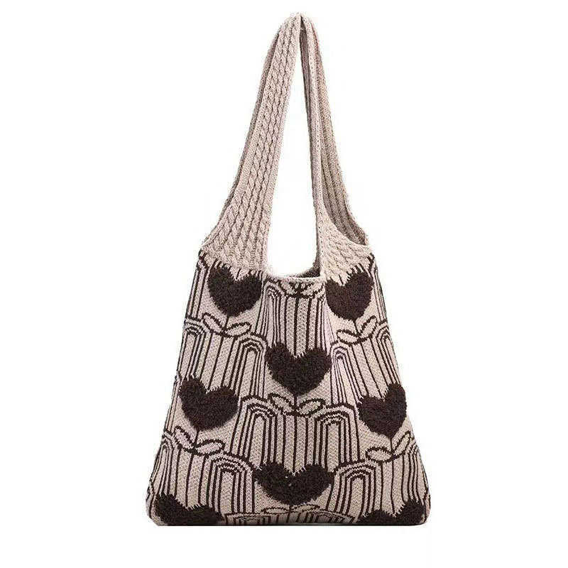 Fashion Love Knitted Womens Bag Large Capacity Versatile Handheld Shoulder Bag Texture Knitted Tote Bag Bucket Bag Cloth Bag