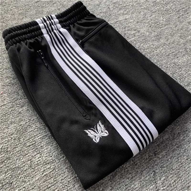 24ss Butterfly Embroidered Stripe Sports Pants Mens High Quality Zipper Pocket Oversized Black Running Pants X241216
