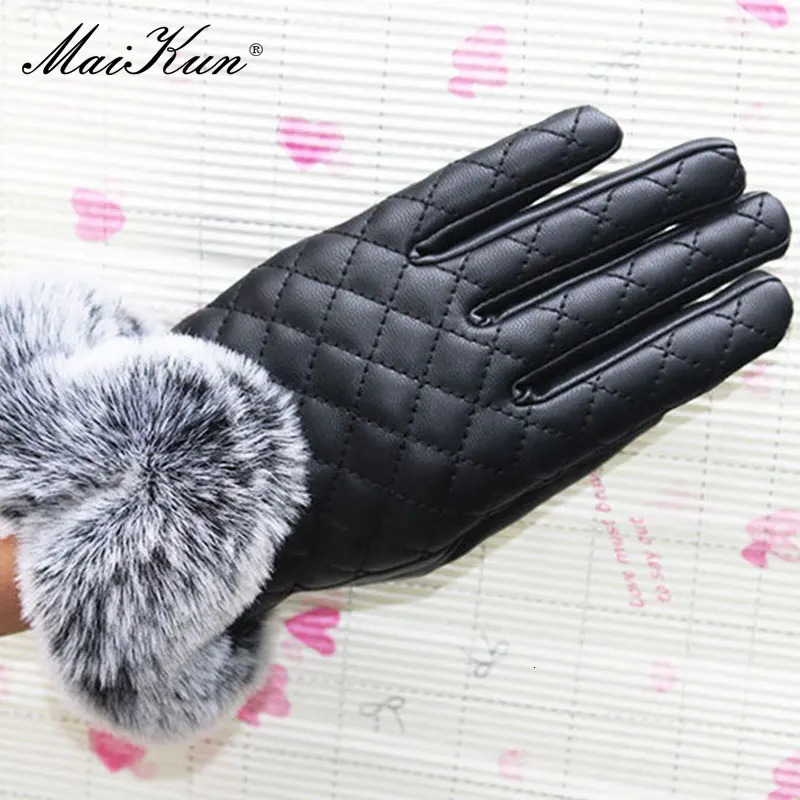 Maikun leather gloves PU autumn and winter style womens oversized Rex rabbit fur UK diamond grid thickened 241212