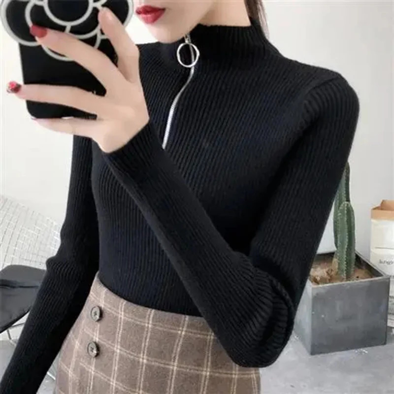 Knitted womens zipper semi high neck sweater with floral pattern basic for autumn and winter ultrathin solid knitted top 241211