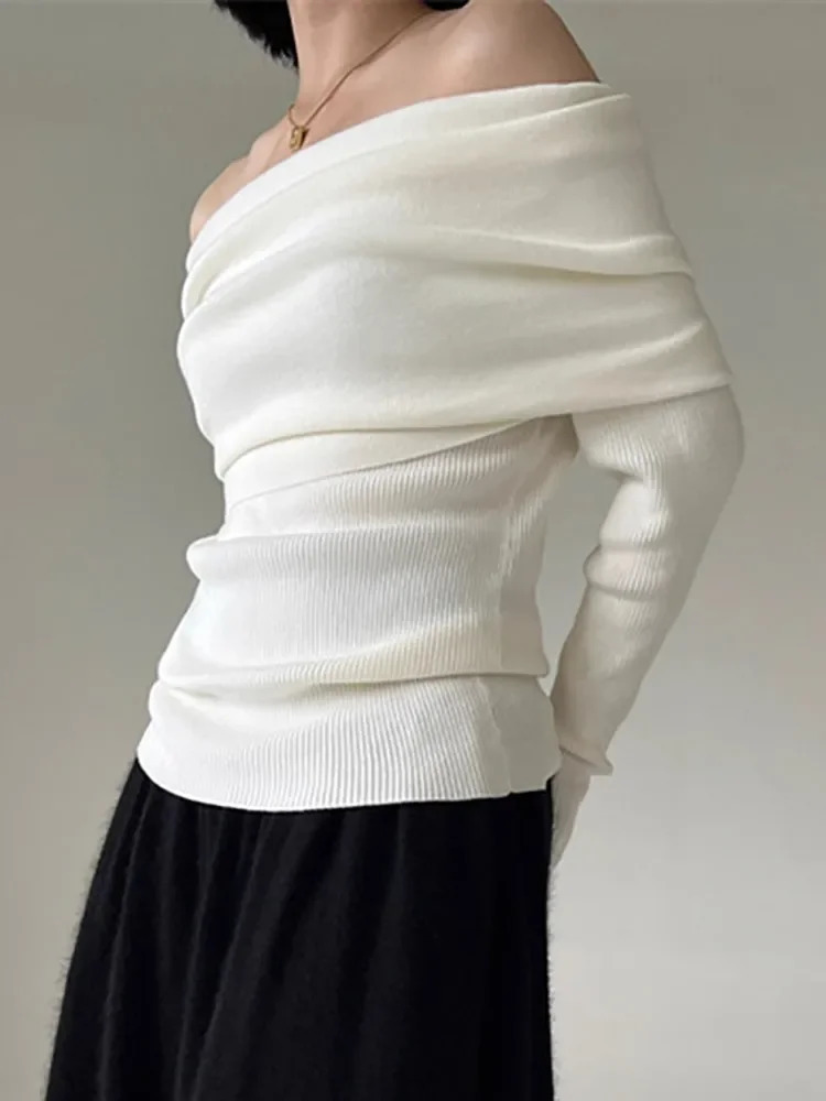 Autumn and Winter Shoulder Womens Sweater Elegant Retro Knitted Solid Jumper High Elasticity Top Soft Unique Pulling 241211