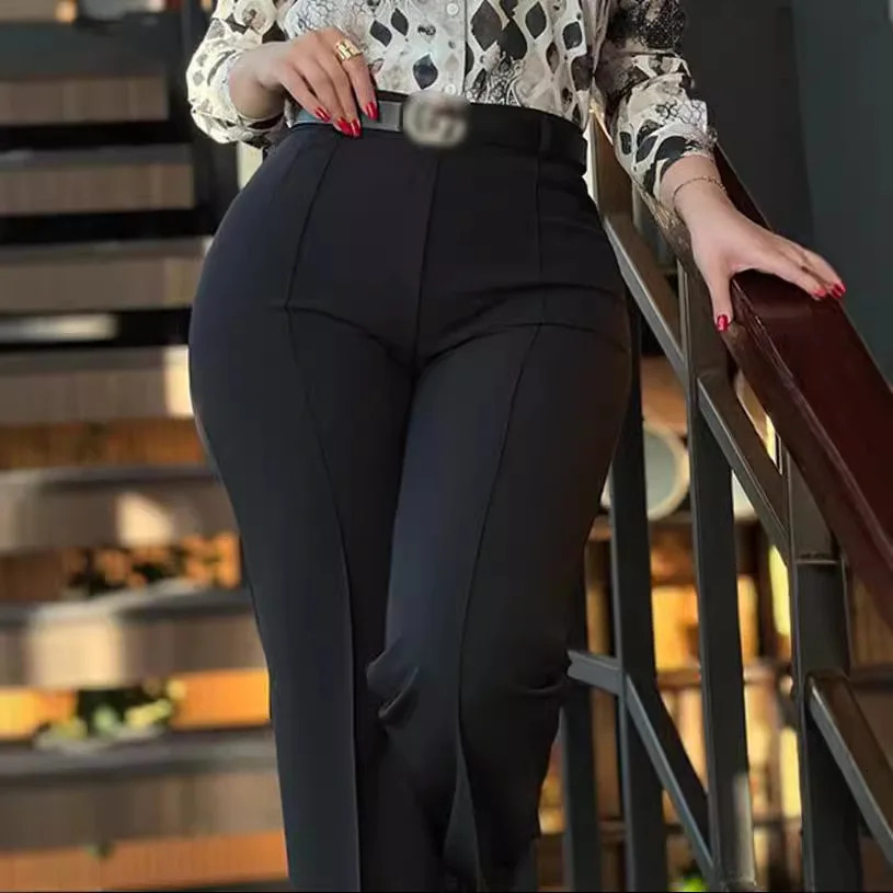 Womens elegant high waisted solid pants short sleeved autumn casual straight three person office womens black suit long 241212