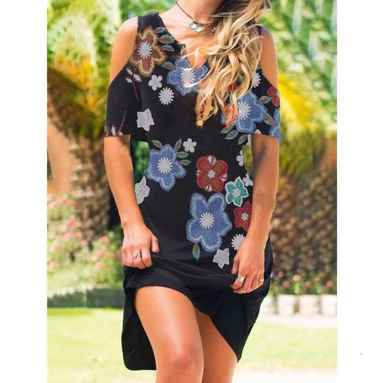 Women's V-neck off shoulder printed short sleeved dress with 2024 versatile temperament, new trendy clothing ins