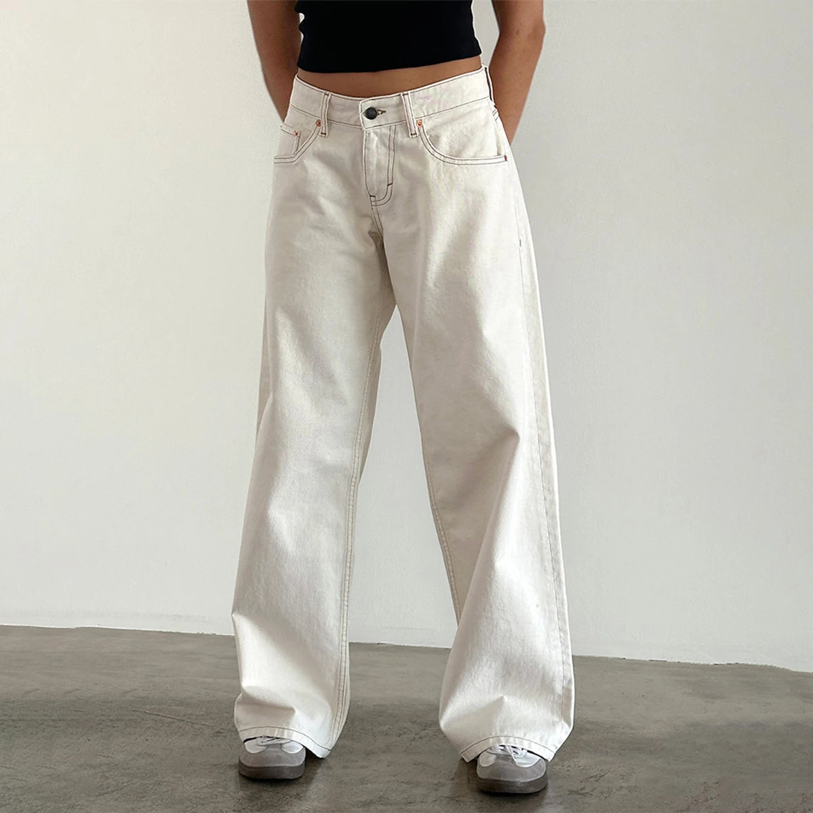 Womens Y2k Low Kick Ball Tight Jeans Loose Fit Boyfriend Straight Wide Leg Fashion Stretch Long 241212