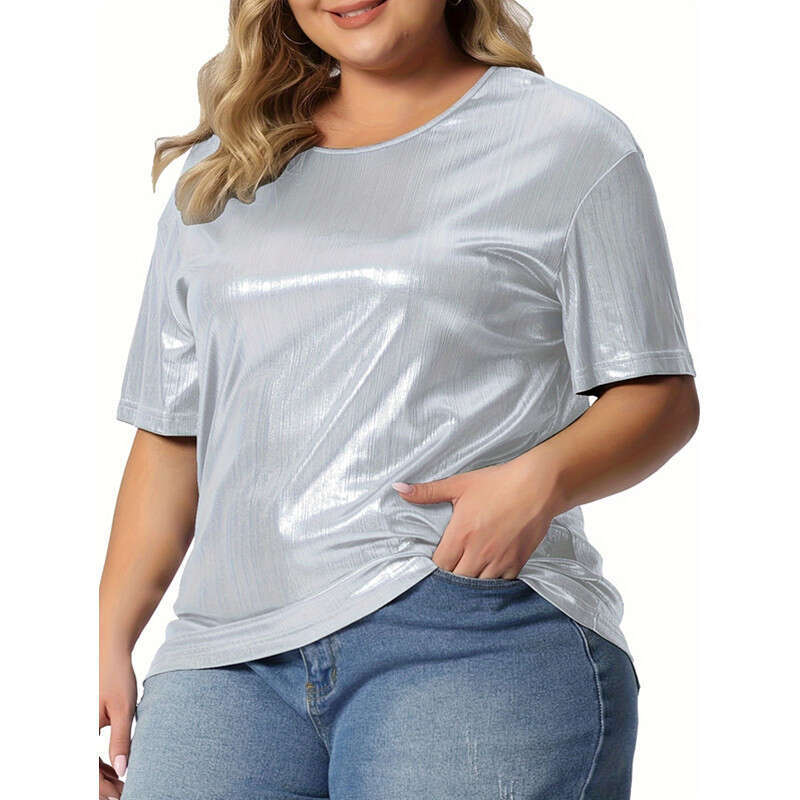 European and American summer loose fit plus round neck solid color gold powder short sleeved T-shirt 2024 temperament versatile new trend clothing ins