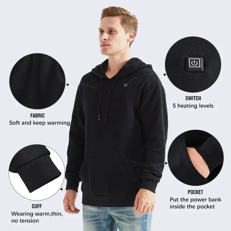5 Areas Heated Hoodies Men Women Harajuku Heated Sweatshirts Winter Warm Usb Heating Coat Self Heating Thermal Heated Jacket 241214