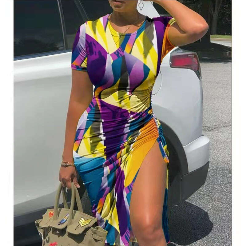 European and American women's printed net color short sleeved drawstring dress 2024 new casual fashion trend clothing