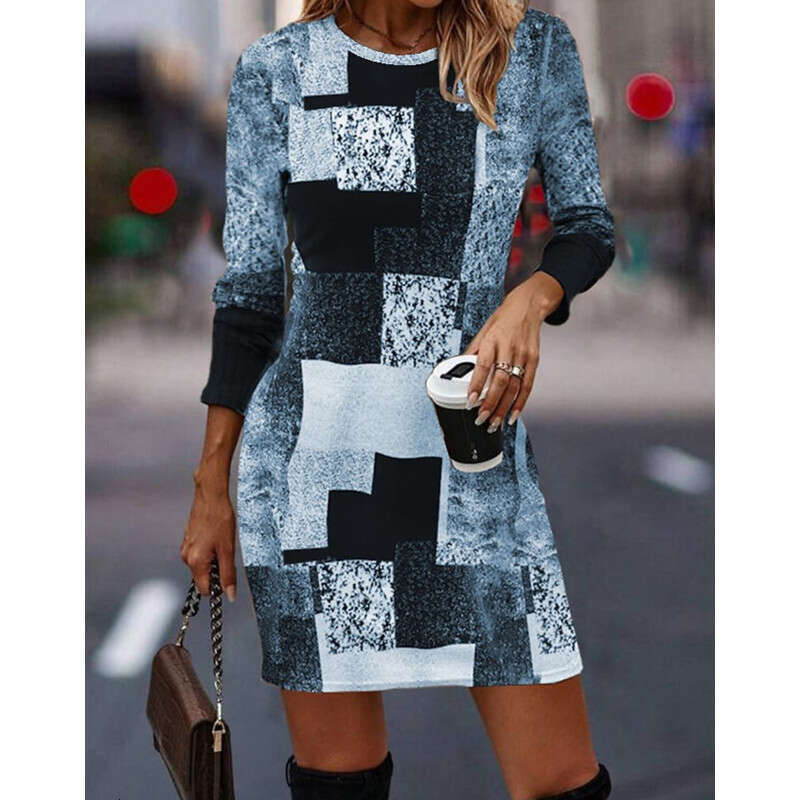 European American Spring and Autumn Geometric Printed Round Neck Long Sleeve Dress 2024 New Casual Versatile Fashion Clothing