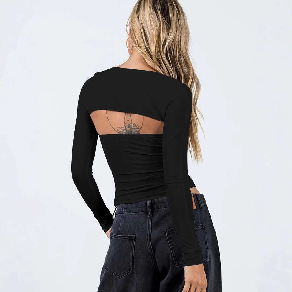 Fashion New Summer Sexy Strapless Waist Cinched T-Shirt Long Sleeved Tight Fitting Cover Two-Piece Set Women's Top