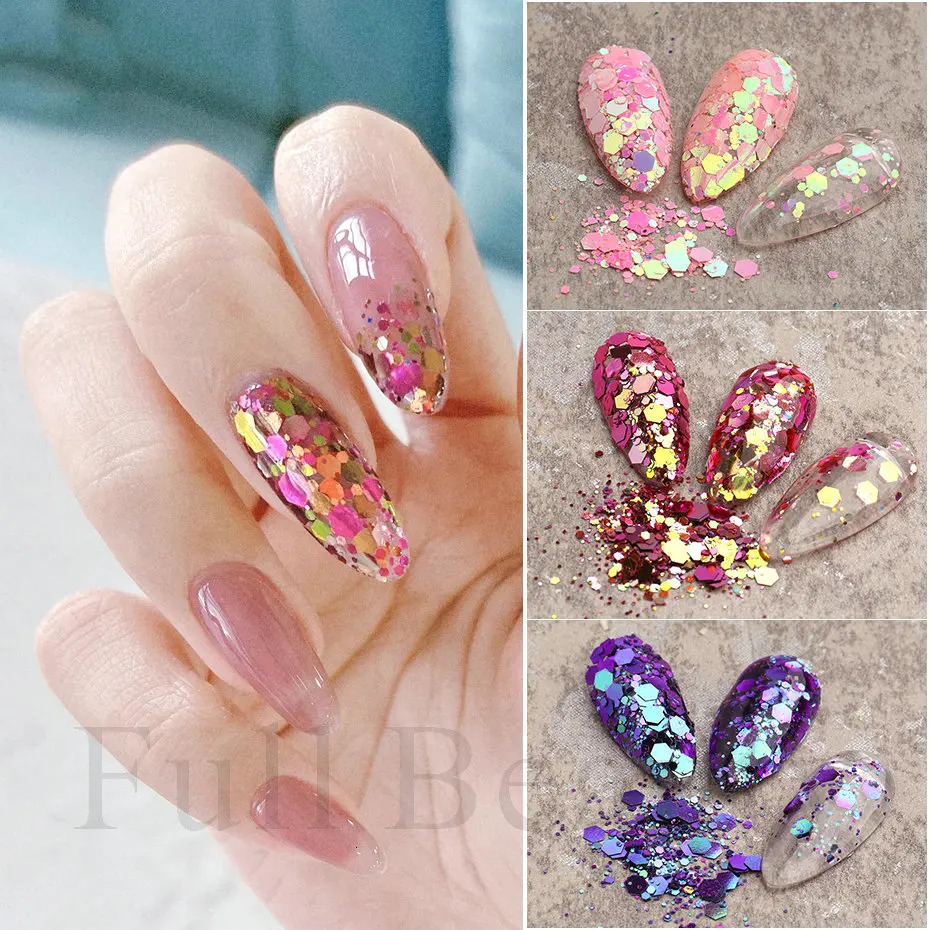 Mirror Iridescent Nail Art Sequins Holographic Mixed Hexagon y Glitter Powder Flakes Sparkly Spangles Manicure LAGB 241213