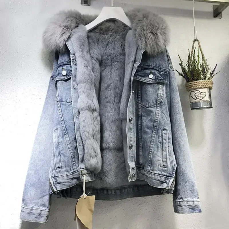 Womens denim price single chest button jacket wool patch work open pocket casual warm solid loose suit 241211
