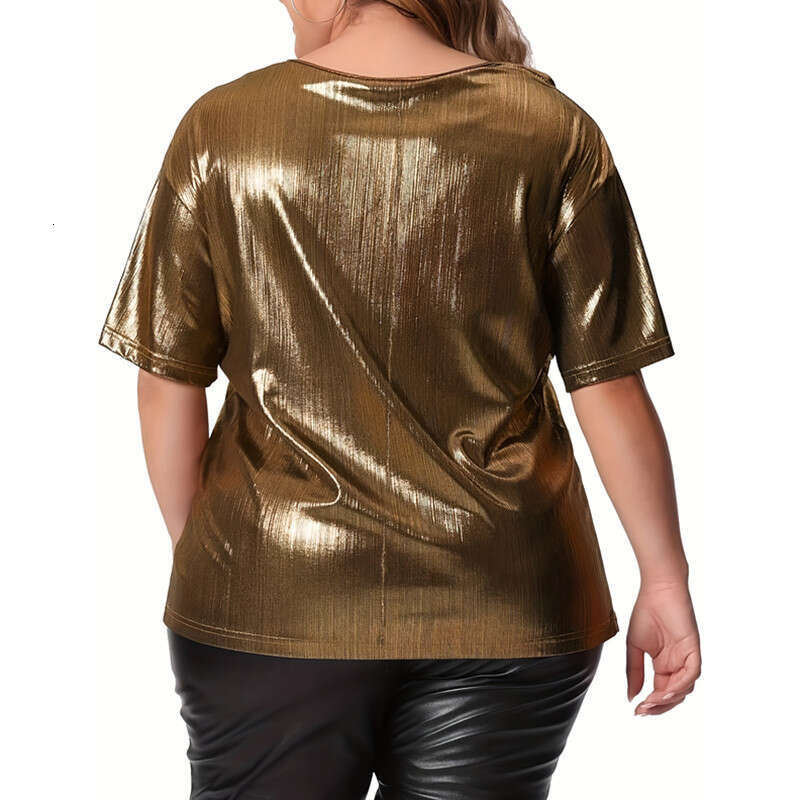 European and American summer loose fit plus round neck solid color gold powder short sleeved T-shirt 2024 temperament versatile new trend clothing ins