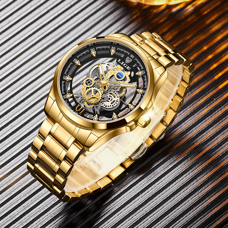 LIGE New Men Watch Skeleton Quartz Wristwatch Gold Skeleton Retro Man Watch Top Brand Luxury Clock Mens Watches Reloj