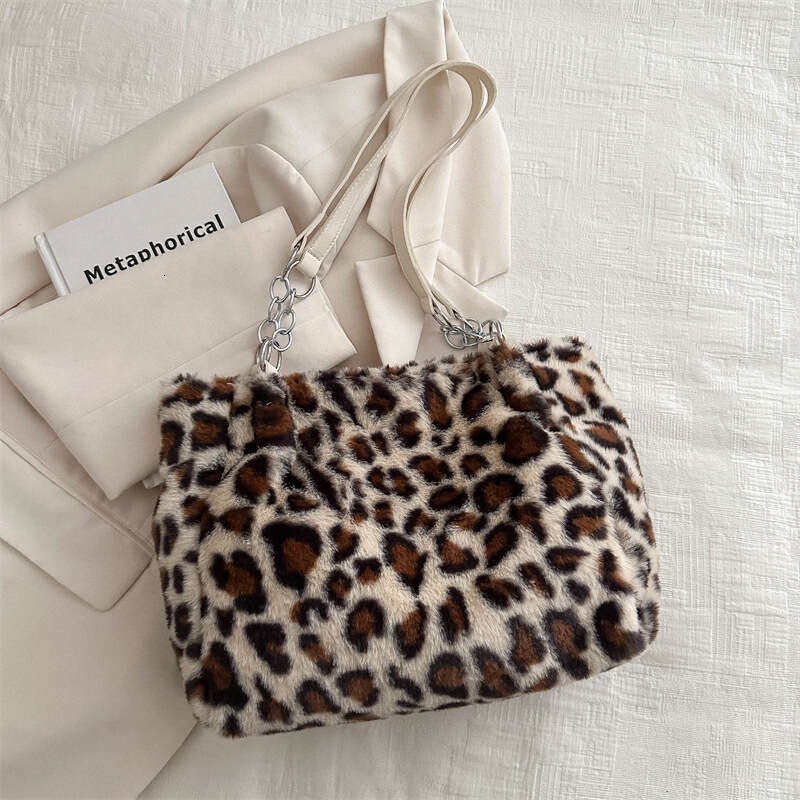 Simple Large Capacity New Trendy Leopard Print Plush Tote Atmospheric Fur Shoulder Bag, Women's Bag