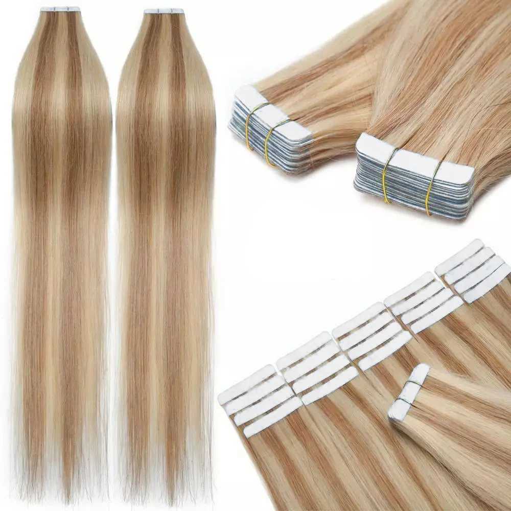 Invisible Seamless Tape In Hair Extensions Real Human Hair Ash Blonde Highlights 16-26 Inch Injection Hair Extensions Tape InsXJ241216