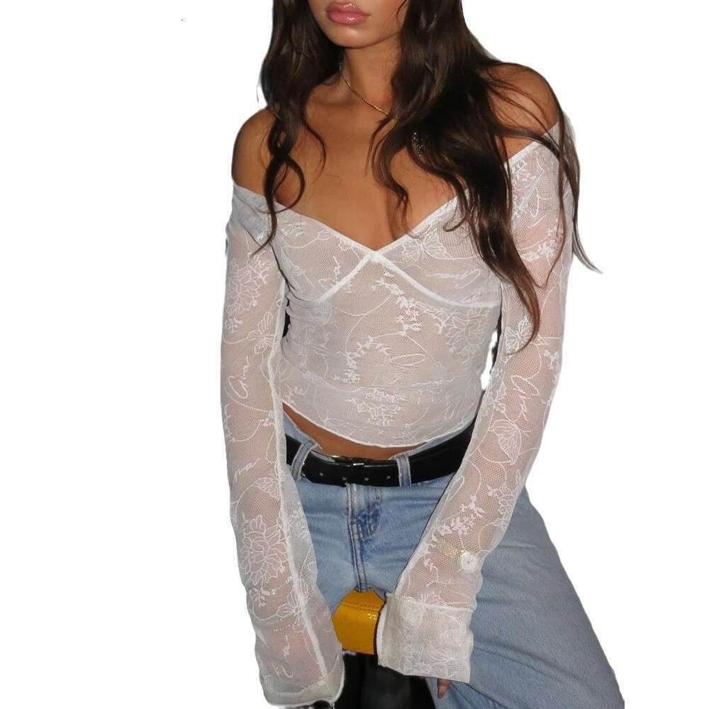 European And Style Sexy Hot Girl V-Neck Slim Fit Long Sleeved T-Shirt With Women's Design Sense American Mesh Lace Patchwork Top B4