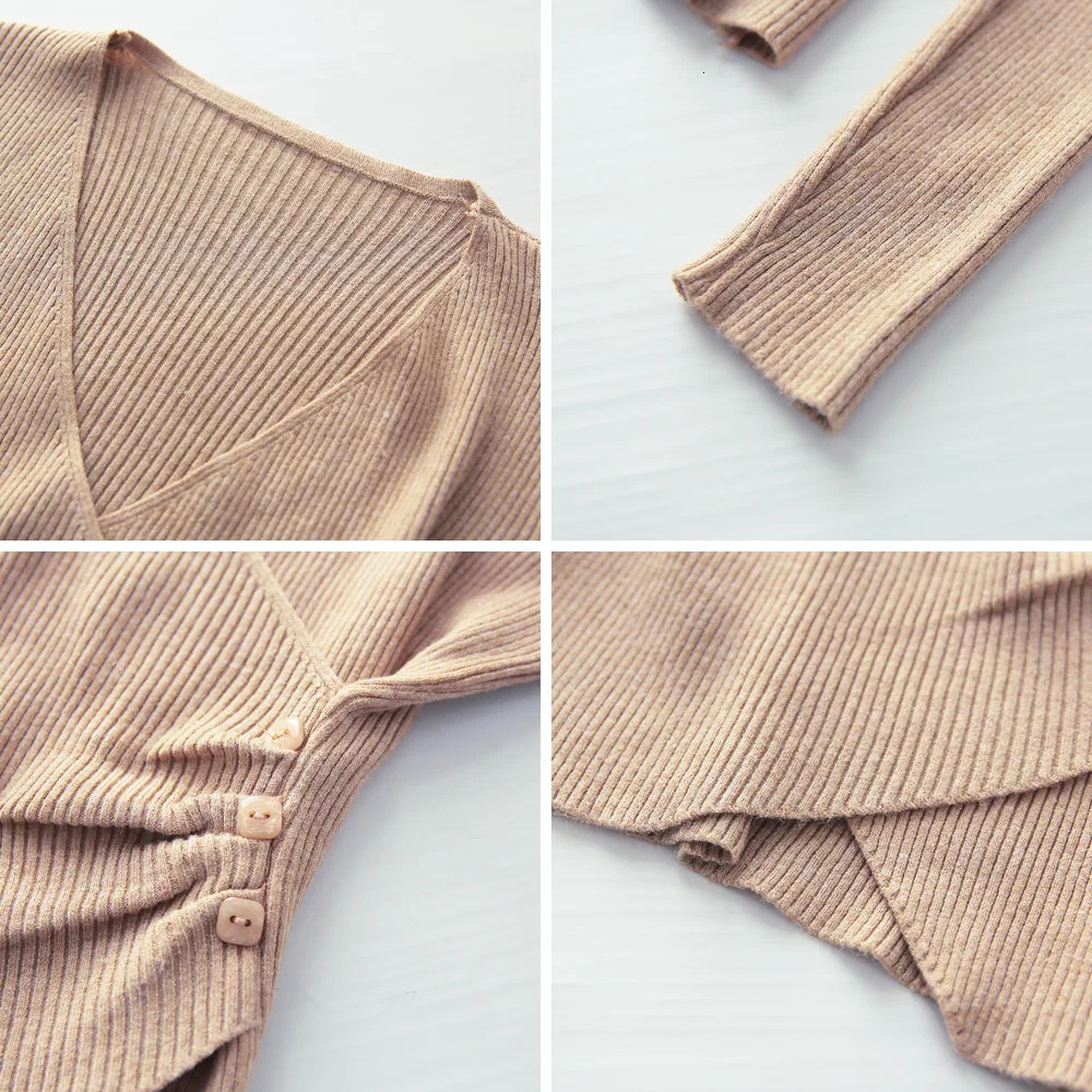 Womens Surplice sweatshirt drawstring knit Vneck long sleeved button side solid color skydiving basic set for girls in autumn and winter 241211