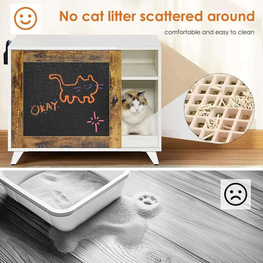 Modern Hidden Cat Litter Box Enclosure Furniture With Scratching Pad, White + Vintage Color Door Frame