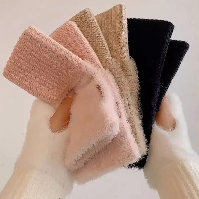 Mink wool soft winter half finger gloves for women warm and ious pure white plush knitted fingerless 241212
