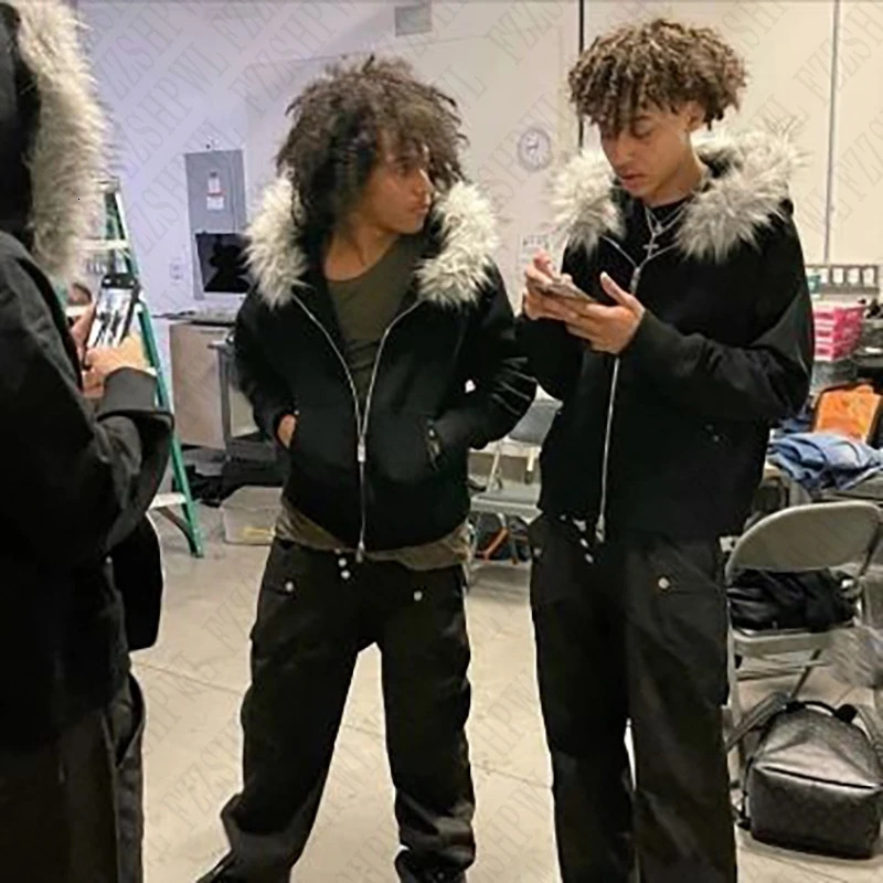 Fashion Hairy Splicing Hoodie men Tops Autumn and Winter Zipper Coats men Clothing Y2K Zip up Hoodie Grunge Goth Casual 241216