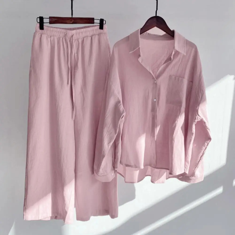 Women Casual Two Piece Sets 2023 Summer Fashion Classic Shirt Solid Color Homewear Drawstring Pants Set Clothing Suit 241212