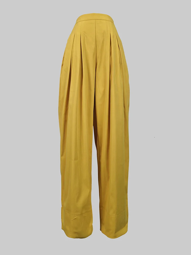 Beautyblue Elegant Womens Sets Yellow Two Piece Set Casual Buttoned Pleated Lapel Blouses Pockets Trousers Female Suit 241212