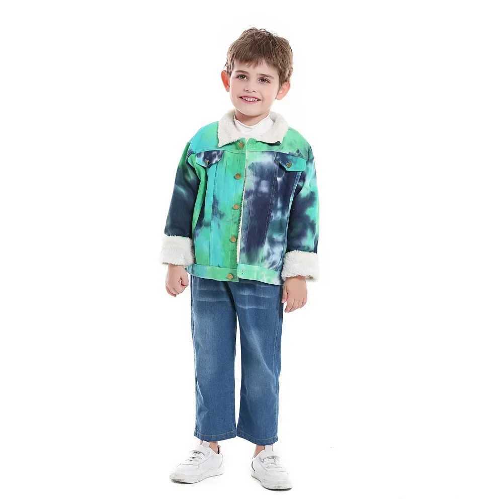 Childrens Korean Version Colorful Denim Jacket with Imitation Lamb Velvet Autumn and Winter Warm Boys and Girls Fine Hair CoatXJ241214