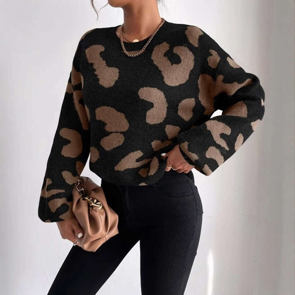 Classic Leopard Print Sweater For Autumn Winter In European And American Foreign Trade, Women's Fashion Temperament Pullover Round Neck Knitted T