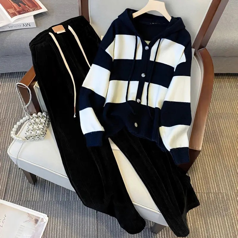 Spring and autumn womens pants set casual sportswear hoodie knitted pullover sweater elastic waist wide legs Trouser 2piece track 241212