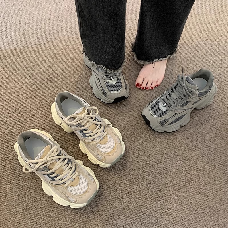 2024 new super hot retro Daddy shoes women's net surface breathable feet small casual outdoor sneakers Khaki gray