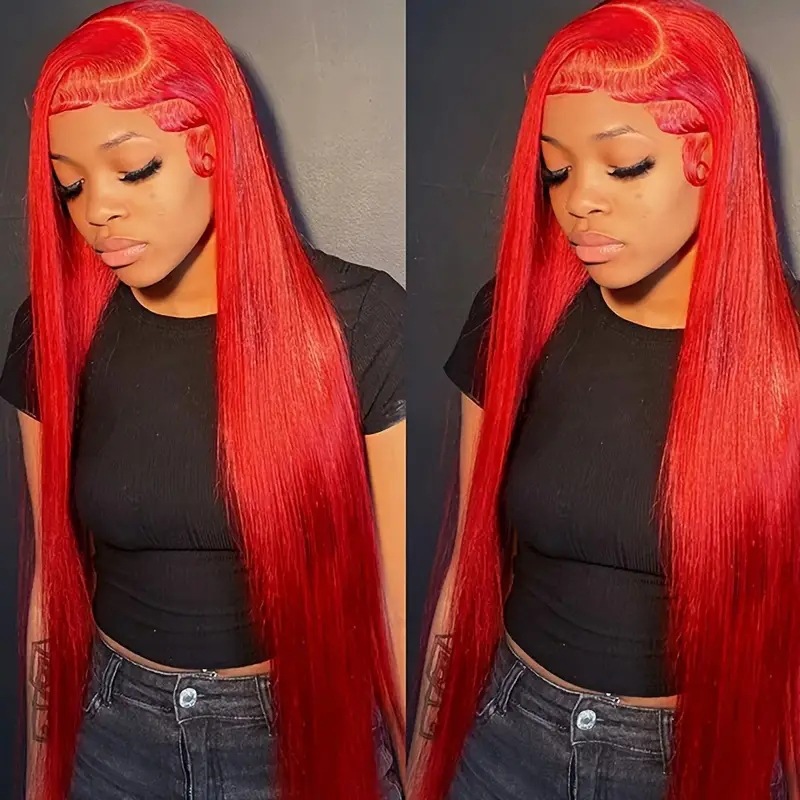 13x4 Highlight Red Hair Bone Straight Lace Frontal Wig Natural Similar to Real Human Hair Wigs Brazilian 32inch Synthet Silky Front Closure Wig For Wo