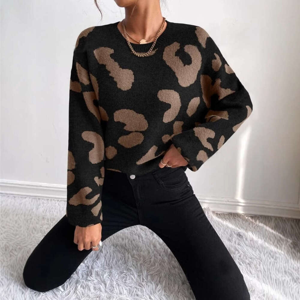 Classic Leopard Print Sweater For Autumn Winter In European And American Foreign Trade, Women's Fashion Temperament Pullover Round Neck Knitted T