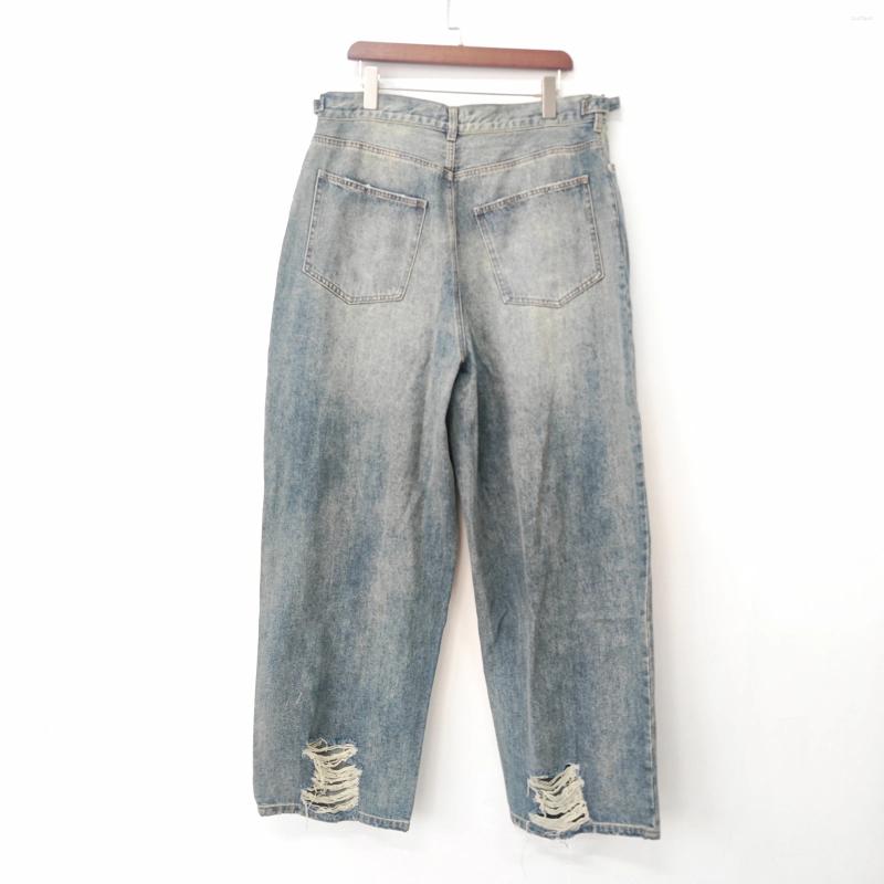 2025 S Fashion Designer Men S Jeans PFNW High Street Korean Trendy Washed Knee Cutting Hole Distressed Straight For Men Loose Denim Pants W