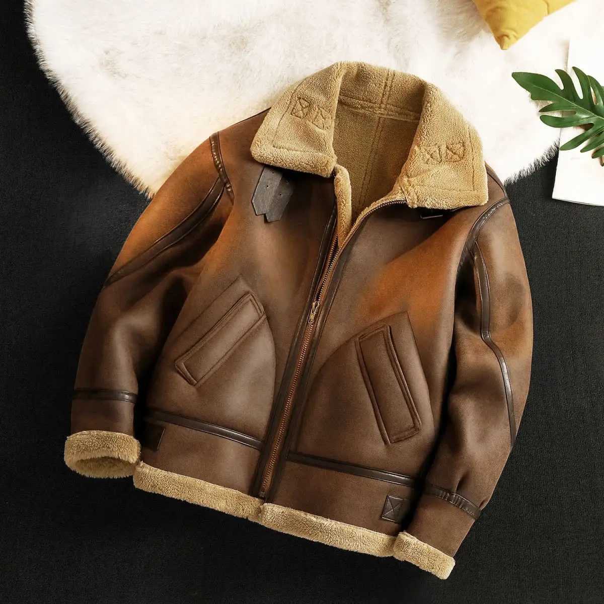 Mens Autumn Winter Thickening Fleece Leather Jacket Plus Velvet Warm Fashion Black Khaki Male Casual Work PU Jacket Cotton Coat W241216