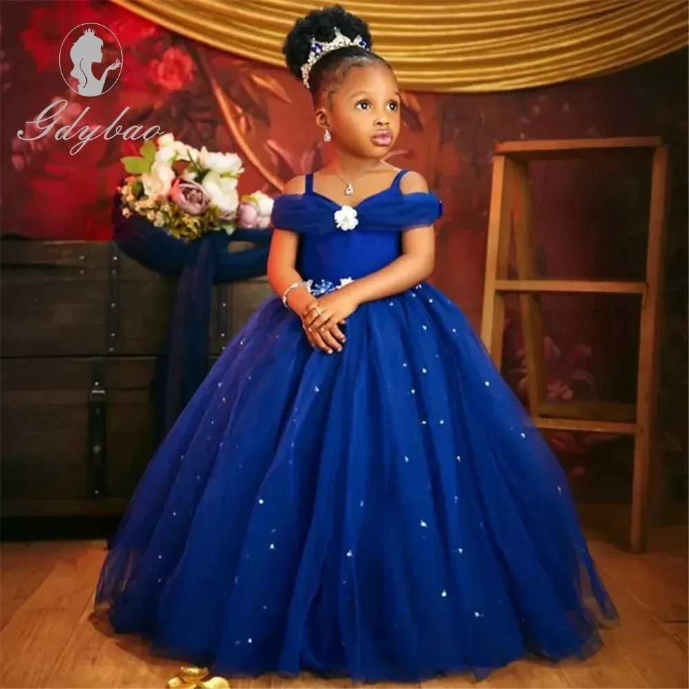 Girl's Dresses Customized Royal Blue Flower Girl Dresses for Wedding Beaded Tulle Off The Shoulder Toddler Girls Pageant Dress Kids Formal Wear H