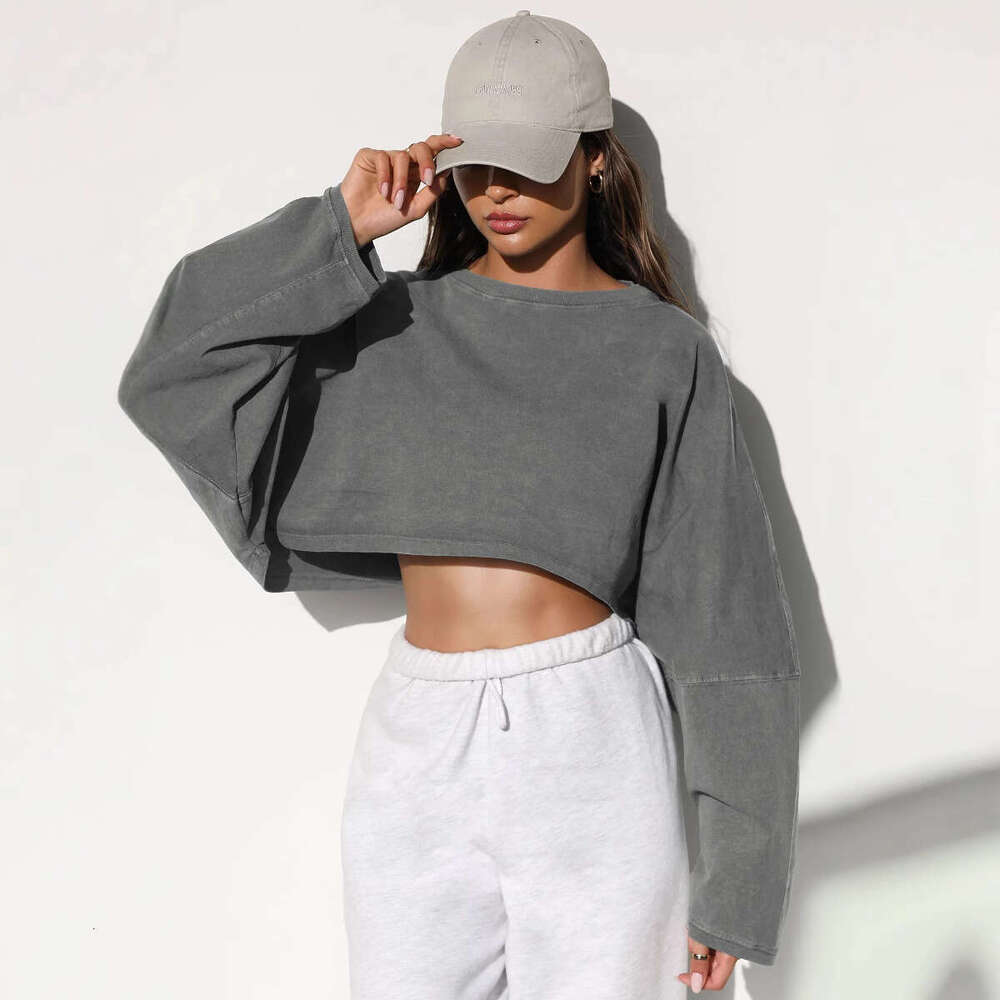 Umbilical Round Neck Sweatshirt, European And American Women's Short Sports Base T-Shirt, Knitted Shirt, Long Sleeved Top