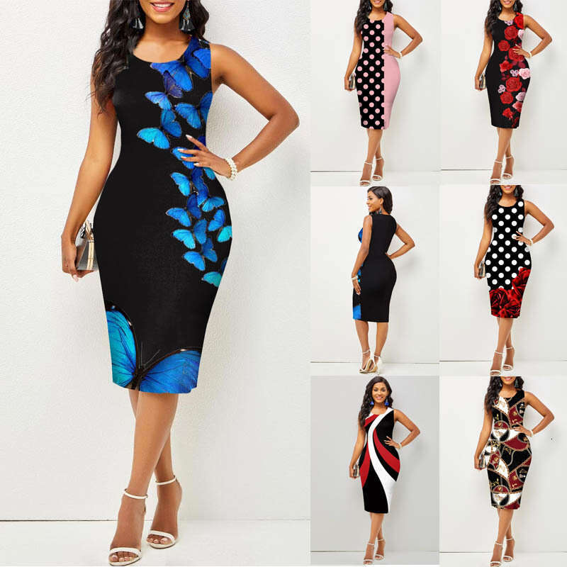 European American Spring Summer Sleeveless Bag Hip Printed Dress for Women's Wear 2024 New Style Stylish and Elegant Clothing