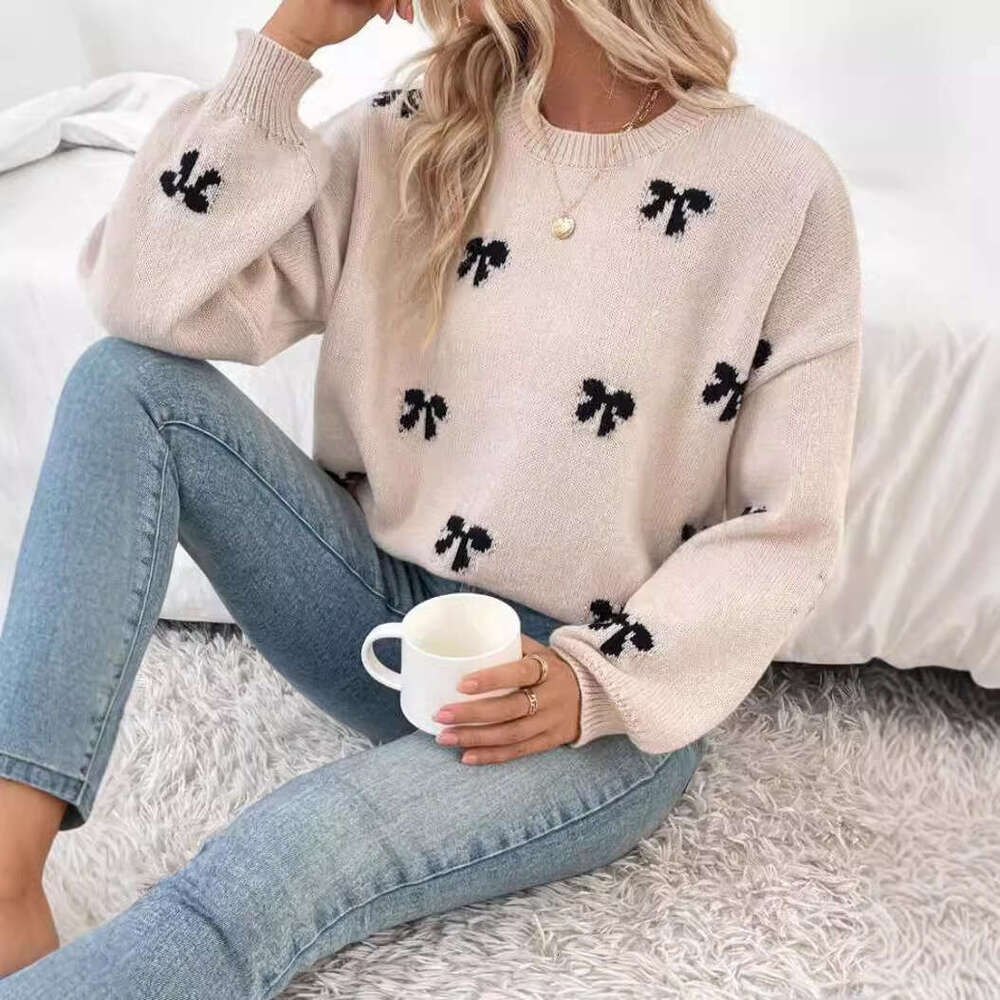 European And American Independent Station Bow Jacquard Clothes Autumn Simple Design Sense Women's Sweater