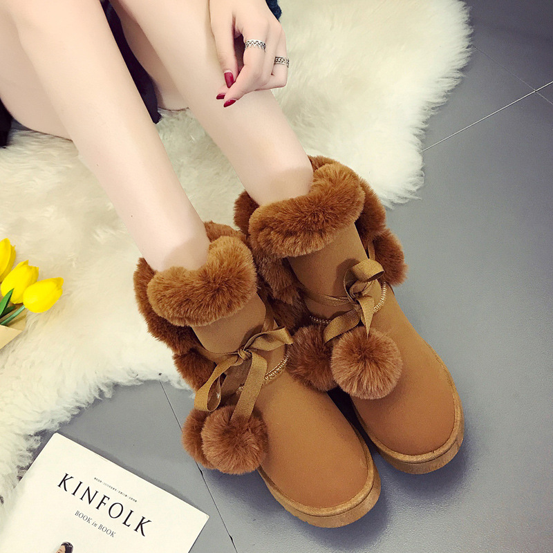 Women Suede Warm Winter Shoes Fur Ball Mid-Calf Female Fashion Boots Non-Slip Snow Casual botas