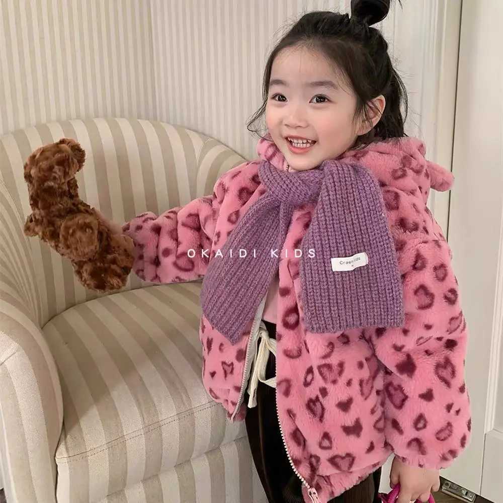 Baby Girls Coat Autumn/Winter Thick Hooded Cotton Jacket with Velvet Childrens Clip Cotton Warm Cotton Coat Leopard PatternXJ241214