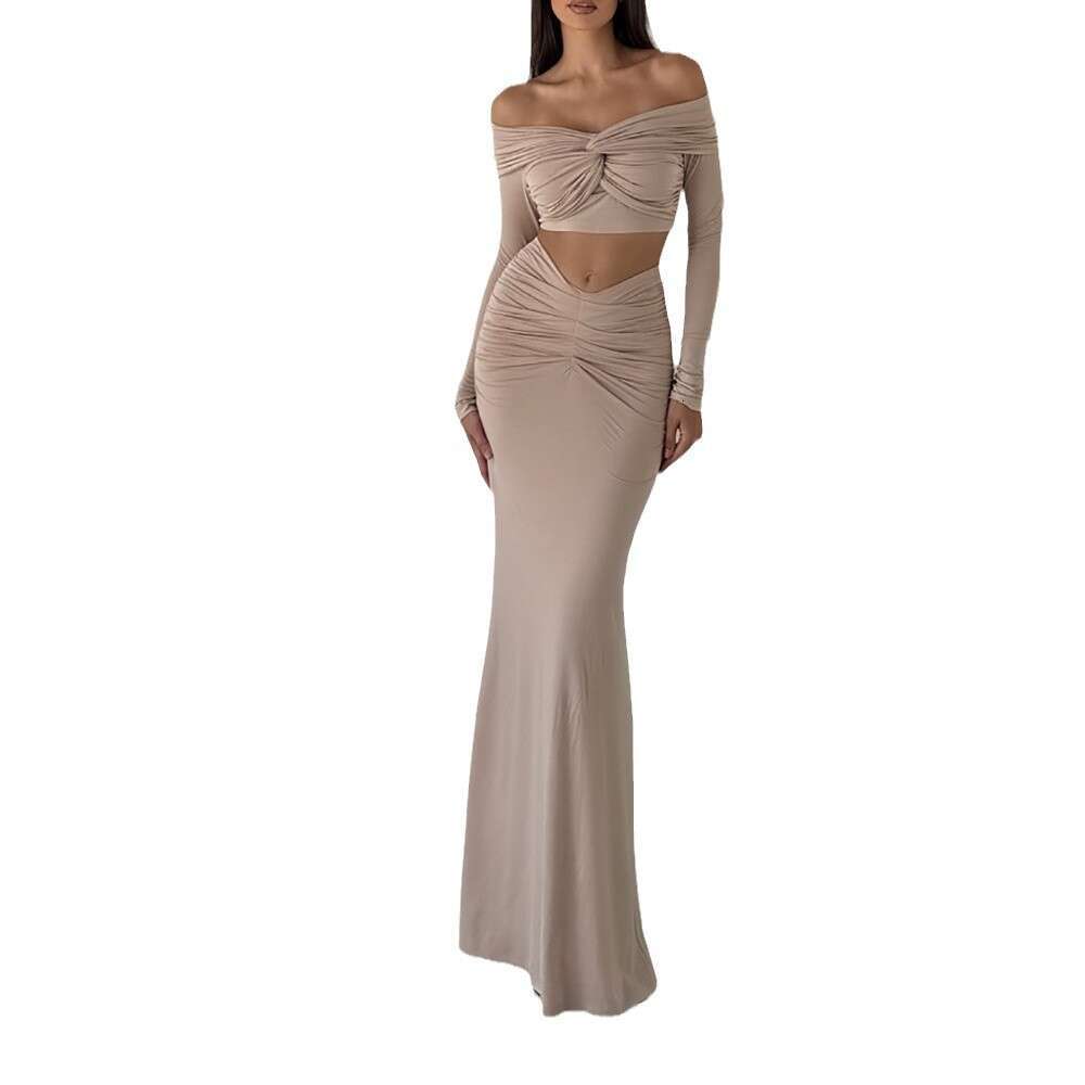 Spring Summer New European American Fashion Sweet And Spicy Top Mesh Style Strapless Sleeved Exposed Waist Long Skirt Set For Women